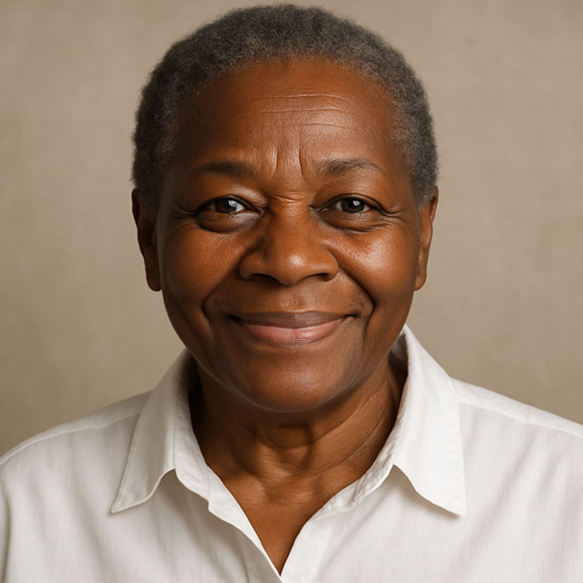 Mulher sorridente de cabelos curtos e grisalhos.